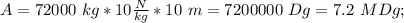 A=72000\ kg*10\frac{N}{kg}*10\ m=7200000\ Dg=7.2\ MDg;