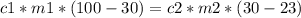 c1*m1*(100-30)=c2*m2*(30-23)