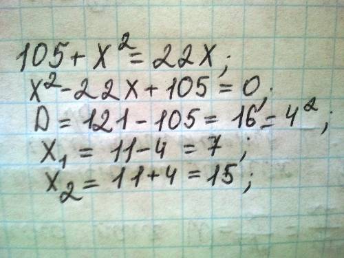 105+х^2=22х при применении формулы квадратного уравнения: )