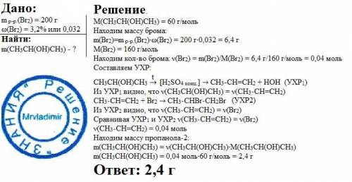 При дегидратации пропанола-2 получили пропилен , который обесцветил бромную воду массой 200г. массов