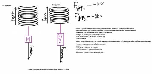 Тело массой m висит на пружине жесткости k. если на пружину с вдвое большей жесткостью подвесить тел