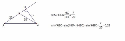 Втупоугольном треугольнике abc ab=bc ch-высота ab=25 bh=7. найдите синус угла abc