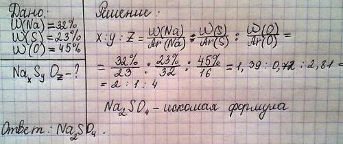 Выведите формулу соединения na(x)s(y)o(z), если известно процентное содержание элементов: w(na)=32%,