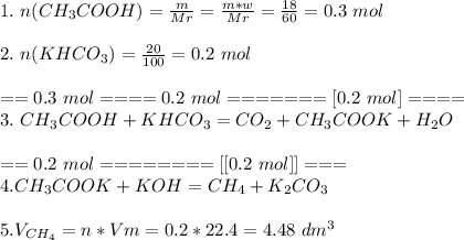 1.\ n(CH_{3}COOH) = \frac{m}{Mr} = \frac{m*w}{Mr} = \frac{18}{60} = 0.3\ mol\\ \\ 2.\ n(KHCO_{3}) = \frac{20}{100} = 0.2\ mol\\ \\ ==0.3\ mol====0.2\ mol=======[0.2\ mol]====\\ 3.\ CH_{3}COOH + KHCO_{3} = CO_{2} + CH_{3}COOK + H_{2}O\\ \\ ==0.2\ mol========[[0.2\ mol]]===\\ 4. CH_{3}COOK + KOH = CH_{4} + K_{2}CO_{3}\\ \\ 5. V_{CH_{4}} = n*Vm = 0.2 *22.4 =4.48\ dm^3