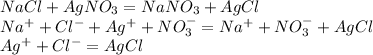 NaCl + AgNO_{3}=NaNO_{3} + AgCl\\ Na^+ + Cl^- + Ag^+ + NO_{3}^- = Na^+ + NO_{3}^- + AgCl\\ Ag^+ + Cl^- = AgCl