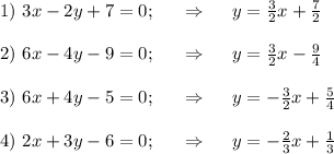 1)~ 3x-2y+7=0;~~~~\Rightarrow~~~~ y=\frac{3}{2}x+\frac{7}{2}\\ \\2)~ 6x-4y-9=0;~~~~\Rightarrow~~~~ y=\frac{3}{2}x-\frac{9}{4}\\ \\ 3)~ 6x+4y-5=0;~~~~\Rightarrow~~~~ y=-\frac{3}{2}x+\frac{5}{4}\\ \\ 4)~ 2x+3y-6=0;~~~~\Rightarrow~~~~ y=-\frac{2}{3}x+\frac{1}{3}