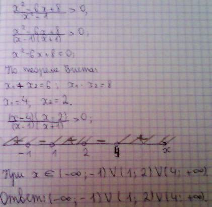 Решите неравенство х (в квадрате) -6х+8 дробная черта х( в квадрате) -1 больше 0