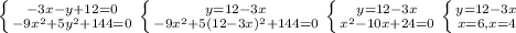 \left \{ {{-3x-y+12=0} \atop {-9x^2+5y^2+144=0}} \right. \left \{ {{y=12-3x} \atop {-9x^2+5(12-3x)^2+144=0}} \right. \left \{ {{y=12-3x} \atop {x^2-10x+24=0}} \right. \left \{ {{y=12-3x} \atop {x=6, x=4}} \right.