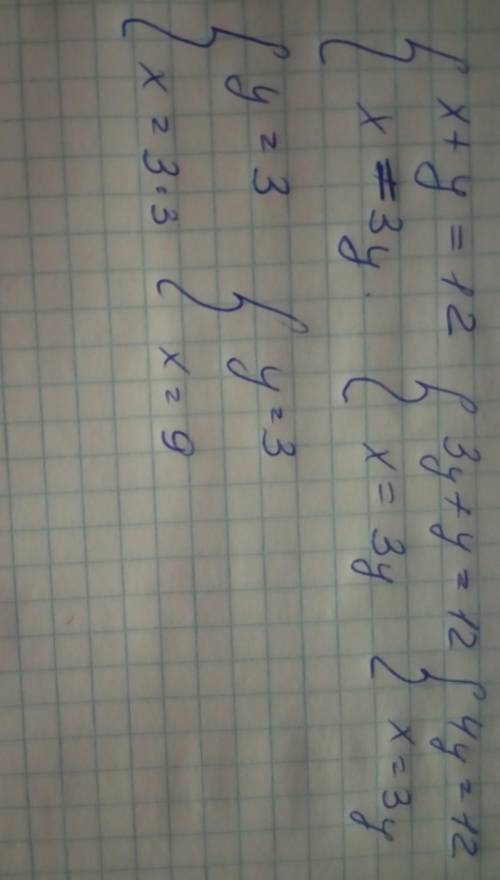 Решите систему уравнений: х+у=12, х=3у; ​