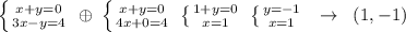 \left \{ {{x+y=0} \atop {3x-y=4}} \right. \; \oplus \; \left \{ {{x+y=0} \atop {4x+0=4}} \right.\; \left \{ {{1+y=0} \atop {x=1}} \right. \; \left \{ {{y=-1} \atop {x=1}} \right. \; \; \to \; \; (1,-1)