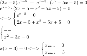 (2x - 5)e^{x - 5}\ + \ e^{x-5}\cdot(x^{2} - 5x + 5) = 0\\ e^{x-5}\cdot (2x-5+x^{2} - 5x + 5) = 0\\ <= \begin{cases} e^{x - 5} = 0}\\ 2x-5+x^{2} - 5x + 5 = 0 \end{cases}\\ \begin{cases} --\\ x^{2} - 3x = 0 \end{cases}\\ x(x - 3) = 0 <= \begin{cases} x_{min} = 0\\ x_{max} = 3 \end{cases}\\ 