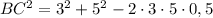 BC^{2} = 3^{2} + 5^{2} - 2 \cdot 3 \cdot 5 \cdot 0,5