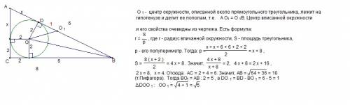 Впрямоугольном треугольнике abc(∠c =90 градусов) катет bc равен 8, радиус вписанной окружности равен