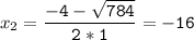 x_{2}=\tt\displaystyle\frac{-4-\sqrt{784} }{2*1}=- 16