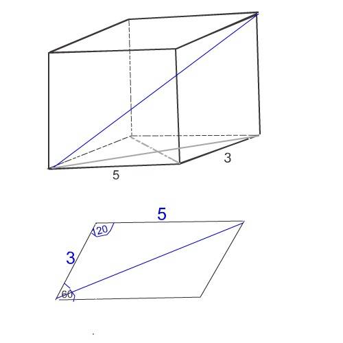 Стороны основания прямого параллелепипеда равны 3 дм и 5 дм, острый угол равен 60 градусам. найдите 