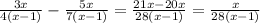 \frac{3x}{4(x-1)}-\frac{5x}{7(x-1)}=\frac{21x-20x}{28(x-1)}=\frac{x}{28(x-1)}