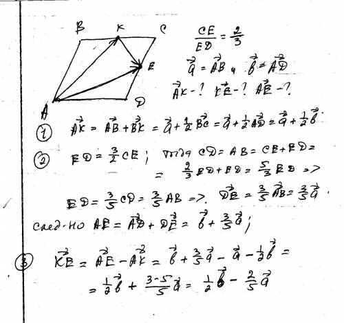 На сторонах вс и сд параллелограмма авсд отмечены точки к и е, так что вк=кс. се: ед=2: 3. выразите 