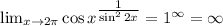  \lim_{x \to 2\pi} \cos x^{\tfrac{1}{\sin^22x}}=1^{\infty}=\infty