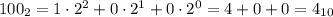  100_{2} = 1\cdot2^2 + 0\cdot2^1 + 0\cdot2^0 = 4 + 0 + 0 = 4_{10} 