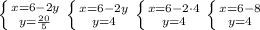 \left \{ {{x=6-2y} \atop {y=\frac{20}{5}}} \right \left \{ {{x=6-2y} \atop {y=4}} \right \left \{ {{x=6-2\cdot4} \atop {y=4}} \right \left \{ {{x=6-8} \atop {y=4}} \right 