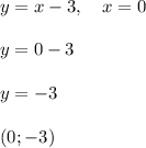 y = x-3,\quad x=0\\\\y = 0 -3\\\\y=-3\\\\(0;-3)