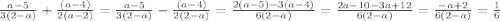  \frac{a-5}{3(2-a)}+\frac{(a-4)}{2(a-2)}= \frac{a-5}{3(2-a)} -\frac{(a-4)}{2(2-a)} = \frac{2(a-5) - 3(a-4)}{6(2-a)} = \frac{2a-10 - 3a+12}{6(2-a)}= \frac{- a+2}{6(2-a)} =\frac {1}{6}