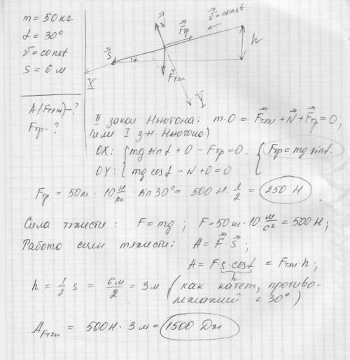 Тело массой 50 кг скользит с трением по наклонной плоскости с углом наклона к горизонту 30 градусов.