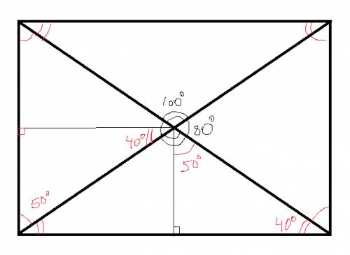 Угол между диагоналями прямоугольника =80 градусам . найти все углы между диагоналями и сторонами. 2