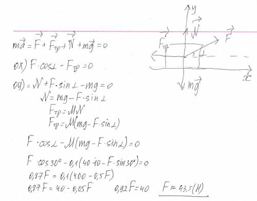 Прикладывая силу,направленную под углом 30° к горизонту,человек тянет санки массой 40 кг.санки при э