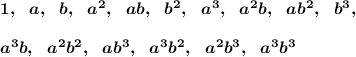 \boldsymbol{1,~~a,~~b,~~a^2,~~ab,~~b^2,~~a^3,~~a^2b,~~ab^2,~~b^3,}\\ \\\boldsymbol{a^3b,~~a^2b^2,~~ab^3,~~a^3b^2,~~a^2b^3,~~a^3b^3}