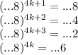 (...8)^{4k+1}=...8 \\\ (...8)^{4k+2}=...4 \\\ (...8)^{4k+3}=...2 \\\ (...8)^{4k}=...6 