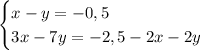 \begin{cases} x-y=-0,5\\3x-7y=-2,5-2x-2y\ \end{cases} 