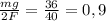  \frac{mg}{2F} = \frac{36}{40} = 0,9