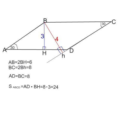 Решить : острый-угол паралелограмма равен 30 градусов, а высоты проведёные из вершпны тупог угла рау