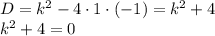 D=k^2-4\cdot1\cdot(-1)=k^2+4\\k^2+4=0