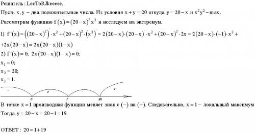 Число 20 подати у вигляді суми двох додатних доданків так , щоб добуток їх квадратів був найбільшим