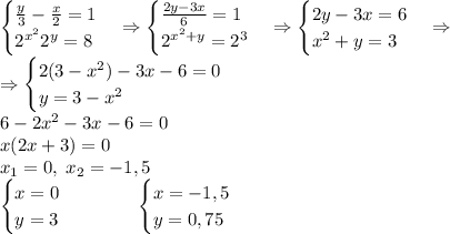 \begin{cases}\frac y3-\frac x2=1\\2^{x^2}\xsot2^{y}=8\end{cases}\Rightarrow\begin{cases}\frac{2y-3x}6=1\\2^{x^2+y}=2^3\end{cases}\Rightarrow\begin{cases}2y-3x=6\\x^2+y=3\end{cases}\Rightarrow\\\Rightarrow\begin{cases}2(3-x^2)-3x-6=0\\y=3-x^2\end{cases}\\6-2x^2-3x-6=0\\x(2x+3)=0\\x_1=0,\;x_2=-1,5\\\begin{cases}x=0\\y=3\end{cases}\quad\quad\quad\begin{cases}x=-1,5\\y=0,75\end{cases}