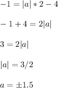 \displaystyle -1=|a|*2-4\\\\-1+4=2|a|\\\\3=2|a|\\\\|a|=3/2\\\\a=\pm 1.5