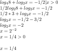 log_48+log_2x=-1/2|x0\\1/2log_28+log_2x=-1/2\\1/2*3+log_2x=-1/2\\log_2x=-1/2-3/2\\log_2x=-2\\x=2^{-2}\\x=1/40\\\\x=1/4