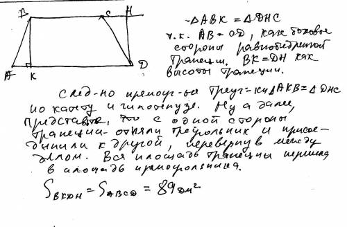 Вравнобедренной трапеции abcd проведены высота bk к стороне ad и высота dh к стороне bc.найдите площ