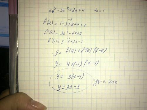 Напишите уравнение касательной к графику ф-ции f(x)=x^3-3x^2+2x+4 в точке с абциссой xo=1.