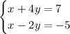 \begin{cases} x+4y=7\\x-2y=-5\end{cases}