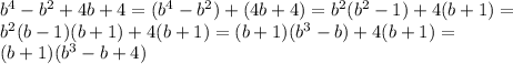 b^4-b^2+4b+4=(b^4-b^2)+(4b+4)=b^2(b^2-1)+4(b+1)=\\ b^2(b-1)(b+1)+4(b+1)=(b+1)(b^3-b)+4(b+1)=\\ (b+1)(b^3-b+4)