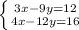 \left \{ {{3x-9y=12} \atop {4x-12y=16}} \right.