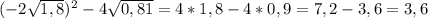 (-2\sqrt{1,8})^{2}-4\sqrt{0,81}=4*1,8-4*0,9=7,2-3,6=3,6