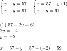 \begin{cases}x+y=57\\x-y=61\end{cases} \begin{cases}x=57-y\ (1)\\x-y=61\end{cases}\\ \\ \\ (1) \ 57-2y=61\\2y=-4\\y=-2\\ \\ x=57-y=57-(-2)=59