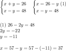 \begin{cases}x+y=26\\x-y=48\end{cases} \begin{cases}x=26-y\ (1)\\x-y=48\end{cases}\\ \\ \\ (1) \ 26-2y=48\\2y=-22\\y=-11\\ \\ x=57-y=57-(-11)=37