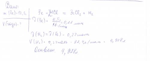 12.5 г железа растворили в избытке соляной кислоты. рассчитайте объем выделившегося в реакции газа