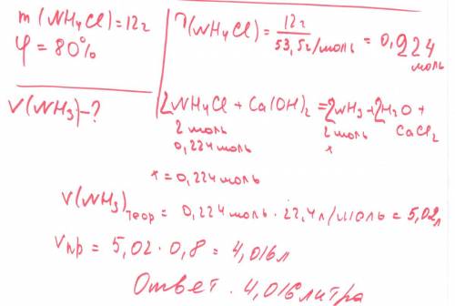 Вопрос реально жизни и вычислите объем аммиака, который был получен при нагревании 12 г хлорида аммо