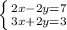 \left \{ {{2x-2y=7} \atop {3x+2y=3}} \right.